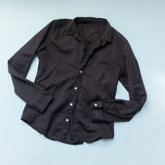 Frank & Eileen Barry Black Raw Hem Button Front Chambray Top Size Small - Picture 2 of 9